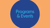 orange background, navy blue circle that reads "Programs and Events" 
