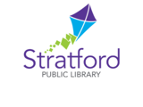 Stratford Public Library logo in purple, with a purple, blue and green kite