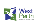 West Perth Public Library logo in blue and green, with a bird flying in negative space against blue and green background
